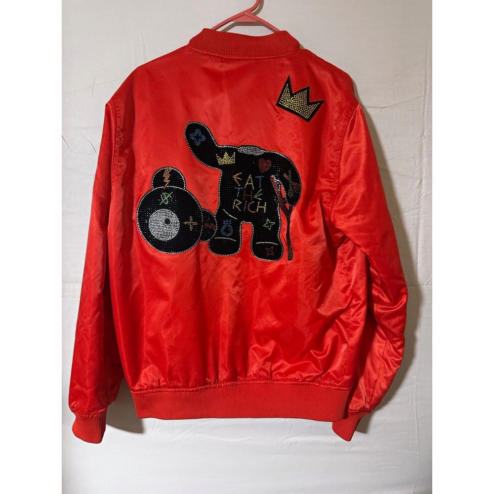 ROKUSTUDIO Men's Red Varsity Jacket Snap Front Lined Embroidered Logo Size L
